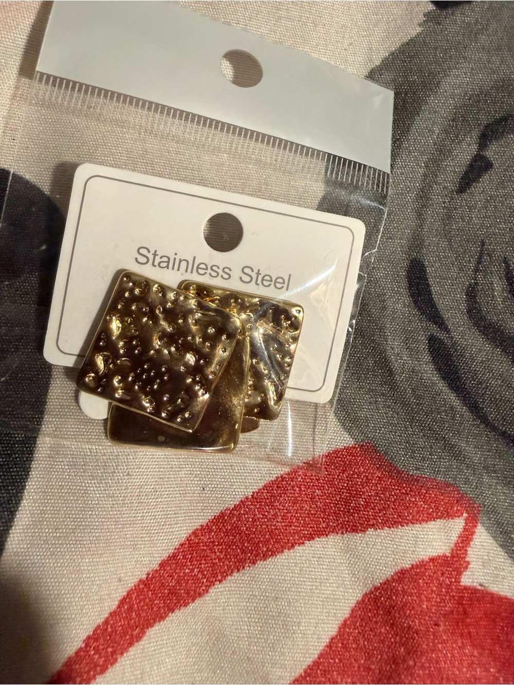 Gold-Tone Textured Stainless Steel Square Drop Earrings